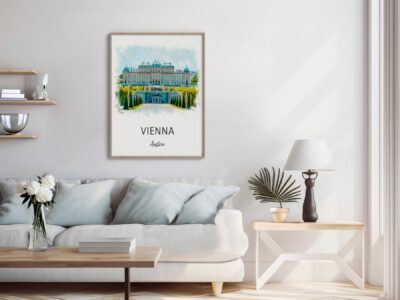 Modern living room with Vienna artwork on wall.
