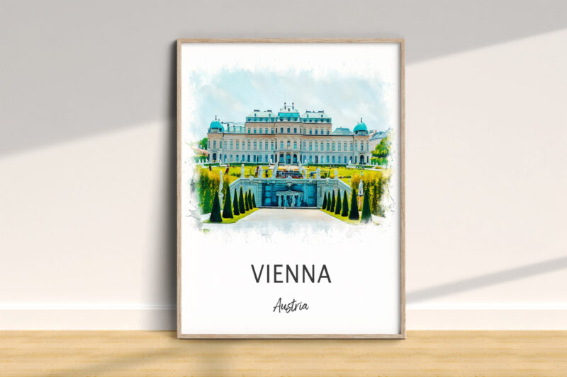 Vienna Austria watercolor print in wooden frame
