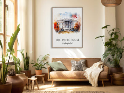 Cozy living room with White House wall art.