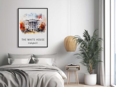 Cozy bedroom with White House artwork on wall.