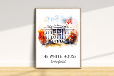 White House watercolor print in frame on floor