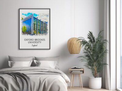 Oxford Brookes University poster in modern bedroom setting.