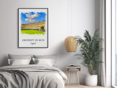 Bedroom with University of Bath poster and green plant.
