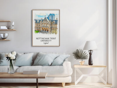 Living room with Nottingham Trent University art.
