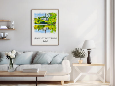 Cozy living room with Stirling University artwork.