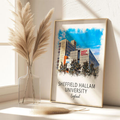 Sheffield Hallam University artwork on table with vase.