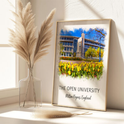 The Open University building with yellow tulips.