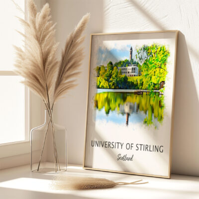 University of Stirling poster with water reflection.