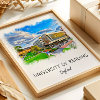 Framed University of Reading print on a table.