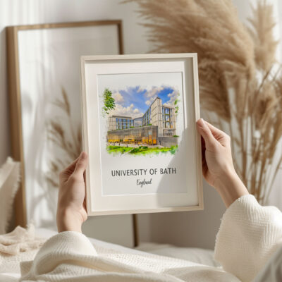 Person holding University of Bath framed artwork.