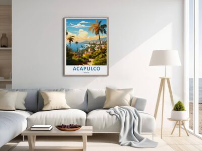 Beach-themed living room with Acapulco wall art.