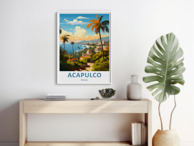 Acapulco travel poster on minimalist home shelf.