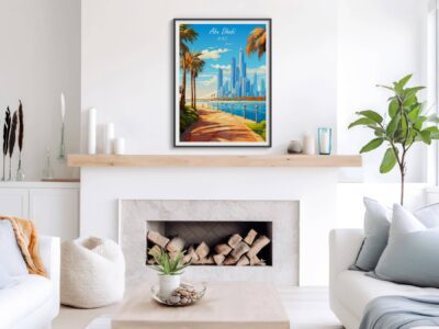 Living room with Abu Dhabi artwork and decor.