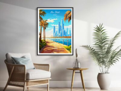 Room with Abu Dhabi skyline artwork