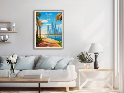 Modern living room with Abu Dhabi skyline painting.