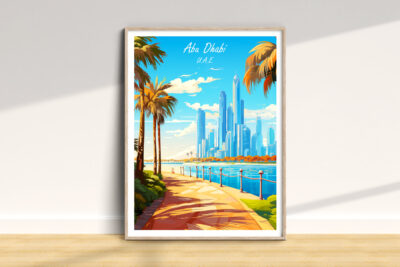 Abu Dhabi skyline with palm trees illustration.