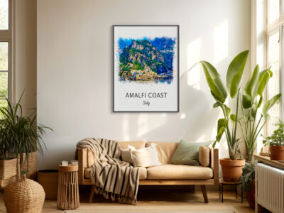 Cozy living room with Amalfi Coast artwork.