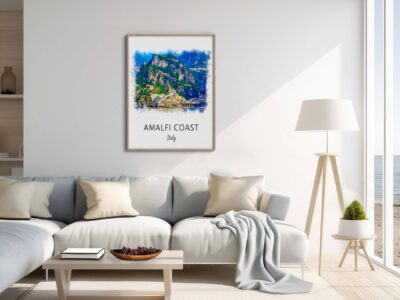 Minimalist living room with Amalfi Coast artwork.