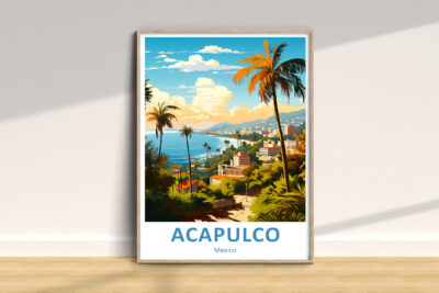 Colorful Acapulco poster with beach and palm trees.