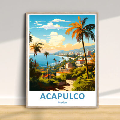 Colorful Acapulco poster with beach and palm trees.