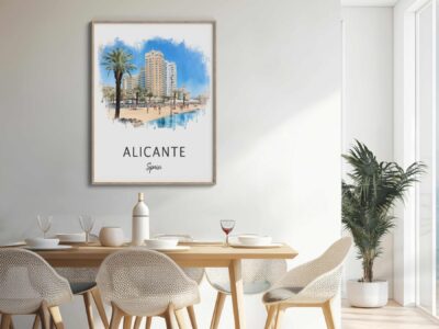 Modern dining room with Alicante poster on wall.