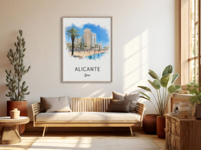 Modern living room with Alicante poster on wall.