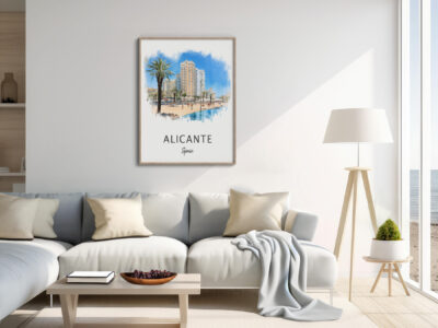 Modern living room with Alicante poster on wall.