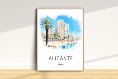 Alicante Spain poster showing beach and palm trees.