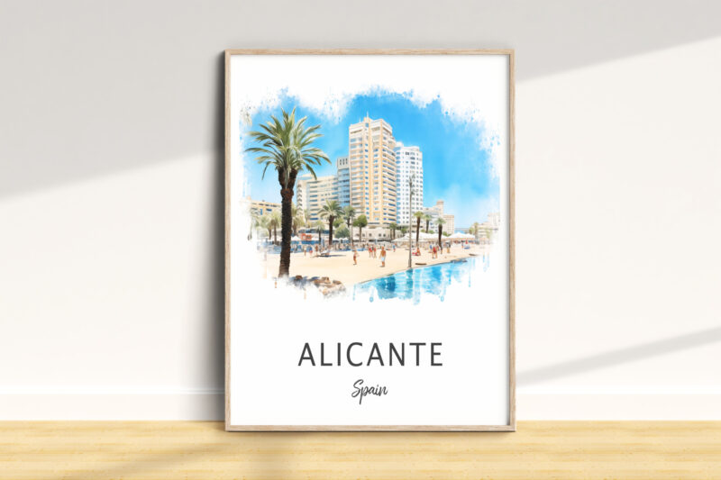 Alicante Spain poster showing beach and palm trees.