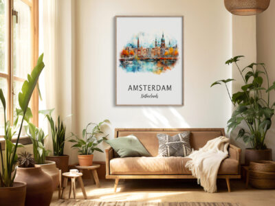 Cozy living room with Amsterdam artwork and plants.