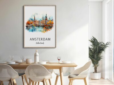 Dining area with Amsterdam cityscape artwork on wall