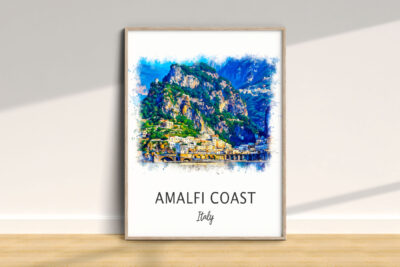 Framed watercolor painting of Amalfi Coast, Italy.
