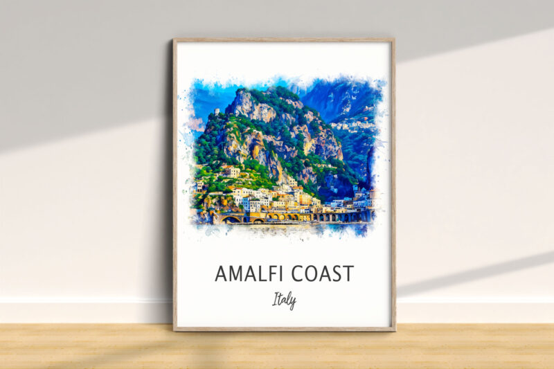 Framed watercolor painting of Amalfi Coast, Italy.