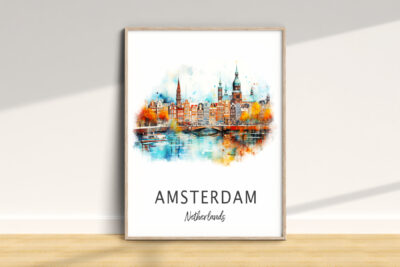Watercolor painting of Amsterdam cityscape.