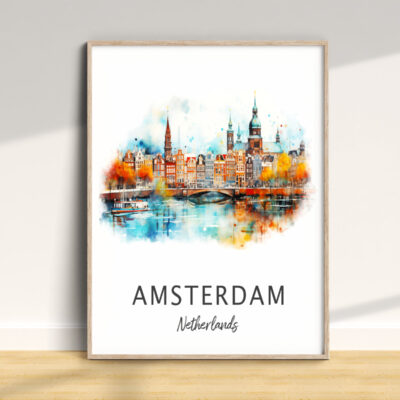 Watercolor painting of Amsterdam cityscape.