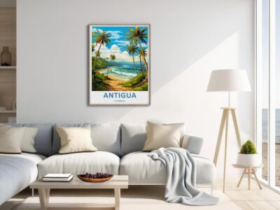 Modern living room with Antigua beach poster
