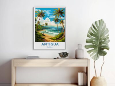 Antigua Caribbean beach poster on modern table.