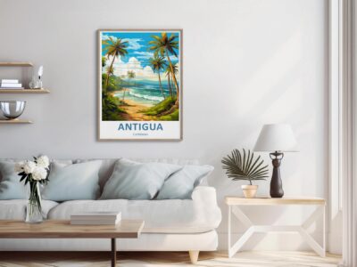 Modern living room with Antigua travel poster.