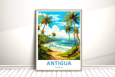 Antigua beach, palm trees, vibrant blue sky.
