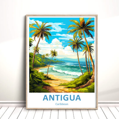 Antigua beach, palm trees, vibrant blue sky.