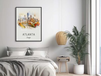 Bedroom with Atlanta skyline poster and indoor plants.
