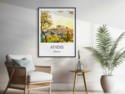Framed Athens Greece poster in modern living space.