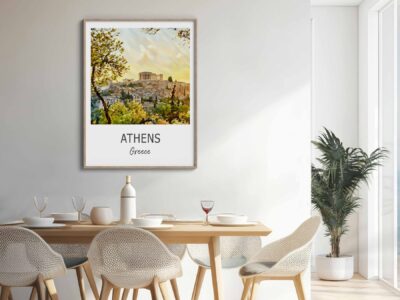 Dining room with Athens cityscape artwork