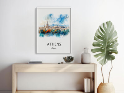 Modern decor with Athens skyline art print.