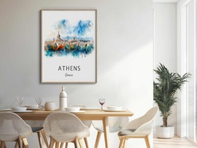 Dining room with Athens art and plant decor.
