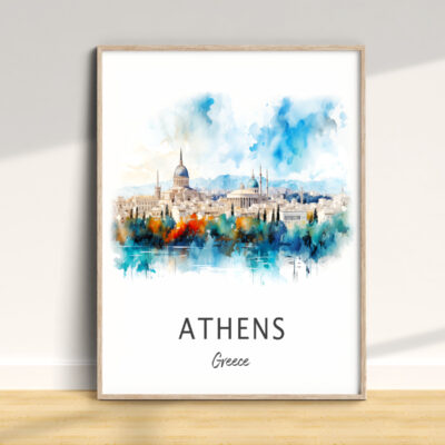 Athens skyline watercolor illustration in frame