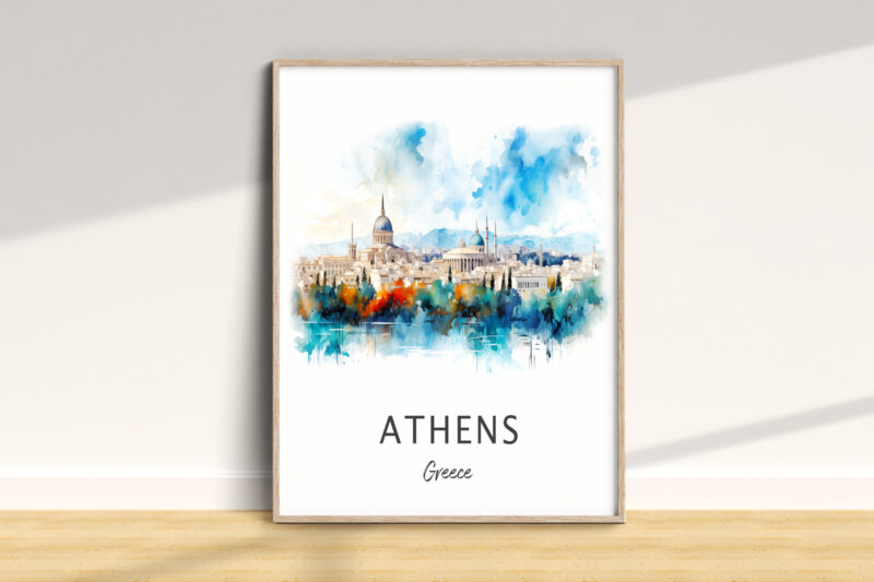 Athens skyline watercolor illustration in frame