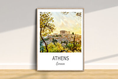Framed painting of Athens, Greece landscape.