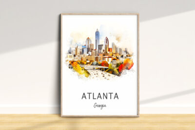 Watercolor illustration of Atlanta skyline in autumn.