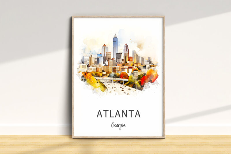 Watercolor illustration of Atlanta skyline in autumn.